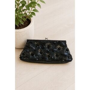 Vintage Lancôme Black Sequin Floral Kiss Lock Evening‎ Bag Clutch Purse Strap